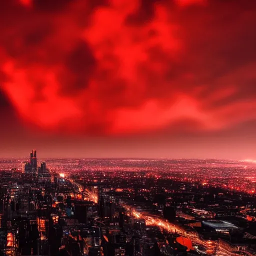 Prompt: city on fire at night, people wearing black clothes, sky is red, 4k, photorealistic