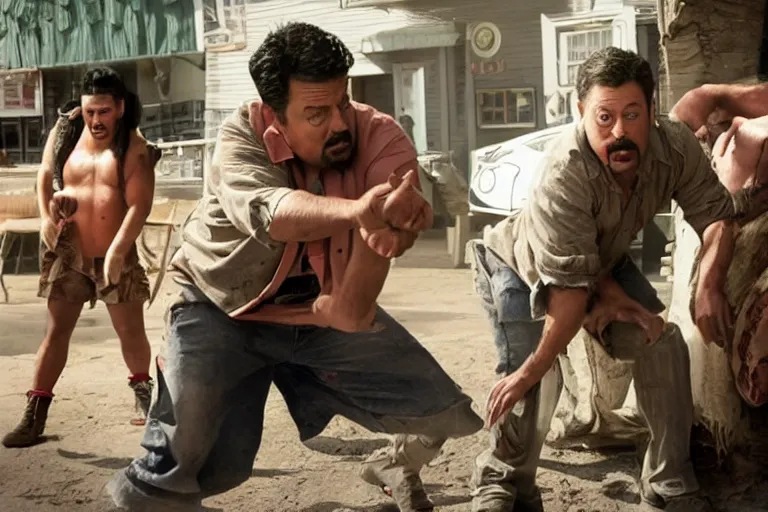 Prompt: jimmy kimmel as an racist caricature of a mexican man in the new movie directed by joss whedon, movie still frame, artificial tanning skin, promotional image, critically condemned, top 6 worst movie ever imdb list, symmetrical shot, idiosyncratic, relentlessly detailed, limited colour palette