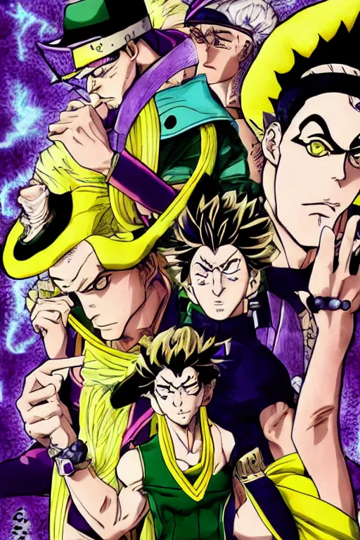 Image similar to jojo's bizarre adventure, jotaro kujo, kakyoin noriyaki, muhammad avdol, jean pierre polnareff, joseph joestar, manga, shounen jump, hirohiko araki art, manga cover, comic book, anime, giorno giovanna, star platinum