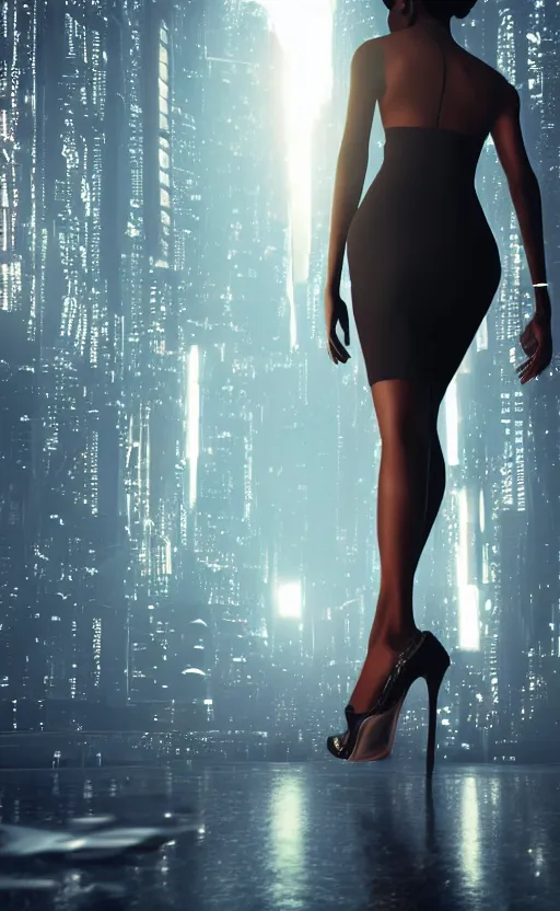 Image similar to Elegant Black woman in dress and heels with her back to us, looking at a futuristic Blade Runner city” 8K