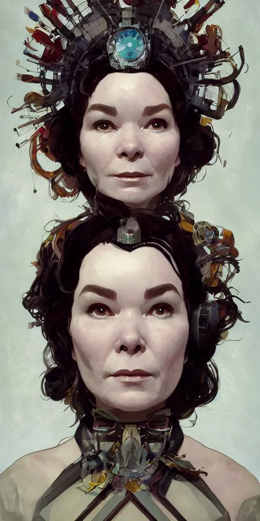 Prompt: bjork wearing a doctor who cosplay, digital painting, artstation, portrait, close - up, matte, sharp focus, illustration, art by greg rutkowski and alphonse mucha