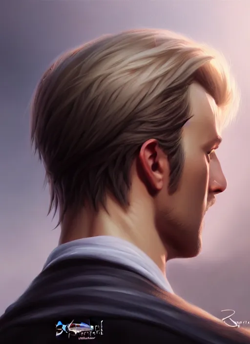 Image similar to a _ fantasy _ style _ portrait _ painting _ of male, medium dark blonde pulled back side part and blonde stubble, rpg dnd oil _ painting _ unreal _ 5 _ daz. _ rpg _ portrait _ extremely _ detailed _ artgerm _ greg _ rutkowski _ greg