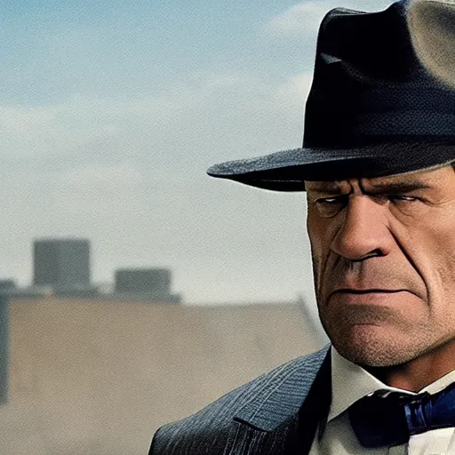 Prompt: a still of Joe Fixit Grey Hulk wearing a pinstripe suit and fedora appearing in Avengers: Infinity War