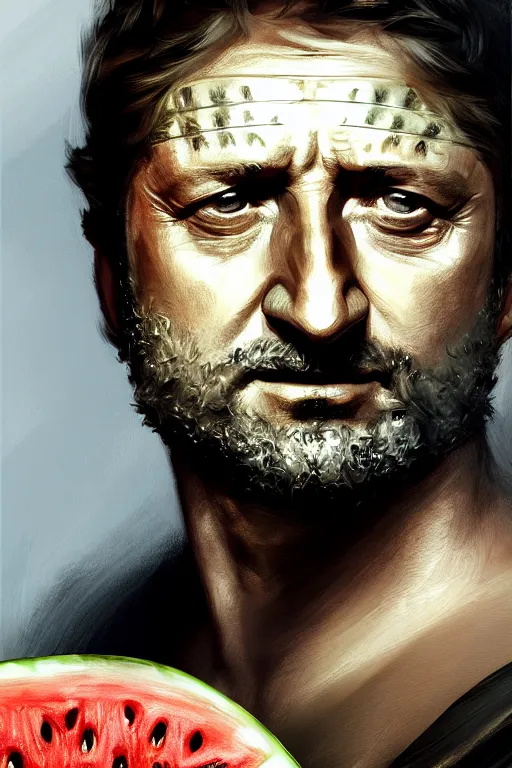 Image similar to portrait gerard butler as a greek king sitting on a watermelon, greek, intricate, headshot, key visual, conceptart, ambient lighting, highly detailed, digital painting, artstation, concept art, sharp focus, by makoto shinkai and akihiko yoshida and greg manchess