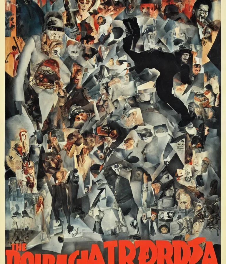 Prompt: Beautiful Dada Horror Movie Poster made for the film The Thing (1982) starring Kurt Russell and Keith David and Antarctica, Dadaist!! collage and oil painting by George Grosz and Laszlo Moholy Nagy, trending on artstation dramatic lighting dada collage 8k