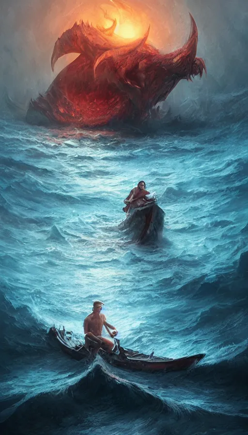 Image similar to man on boat crossing a body of water in hell with creatures in the water, sea of souls, by ross tran