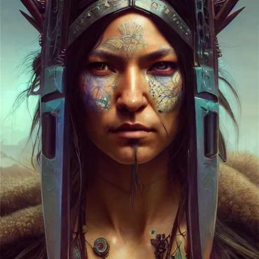 Image similar to portrait painting of a cyberpunk native american elven street samurai, ultra realistic, concept art, intricate details, eerie, highly detailed, photorealistic, octane render, 8 k, unreal engine. art by artgerm and greg rutkowski and charlie bowater and magali villeneuve and alphonse mucha