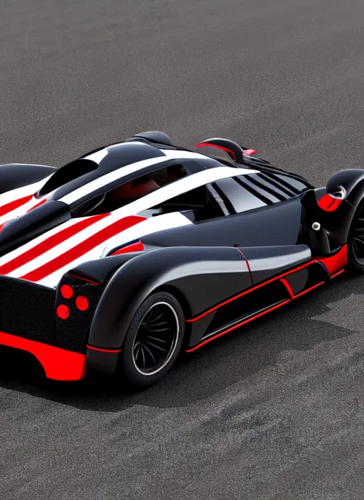 Image similar to Black with red striped Pagani Zonda R cornering on a racetrack, 3D render at 16K resolution,