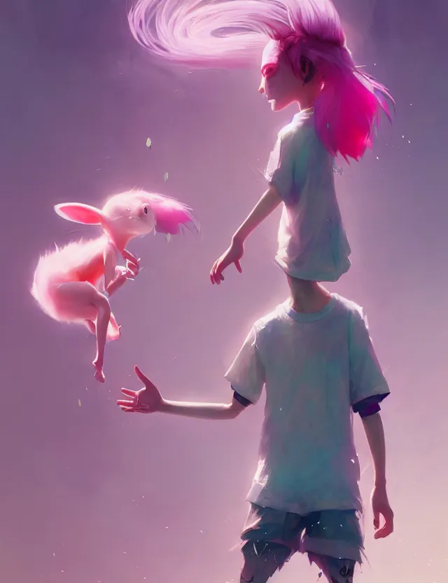 Image similar to beautiful cute boy with pink hair barefoot wearing tshirt and leggings under shorts. character design by cory loftis, fenghua zhong, ryohei hase, ismail inceoglu and ruan jia. artstation, volumetric light, detailed, photorealistic, fantasy, rendered in octane