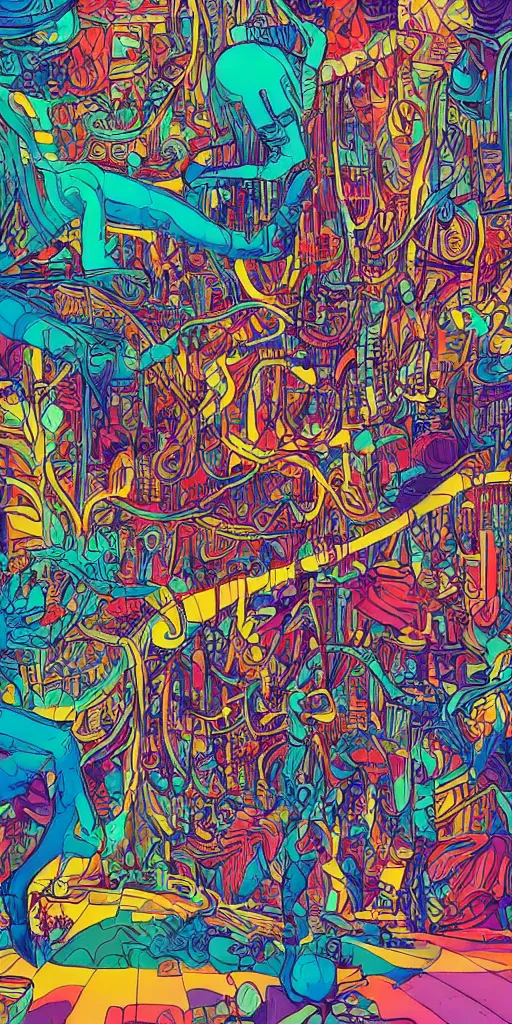 Image similar to the haight in san francisco an ultrafine detailed illustration by james jean, intricate linework, bright colorful colors, behance contest winner, vanitas, angular, altermodern, unreal engine 5 highly rendered, global illumination, radiant light, detailed and intricate environment