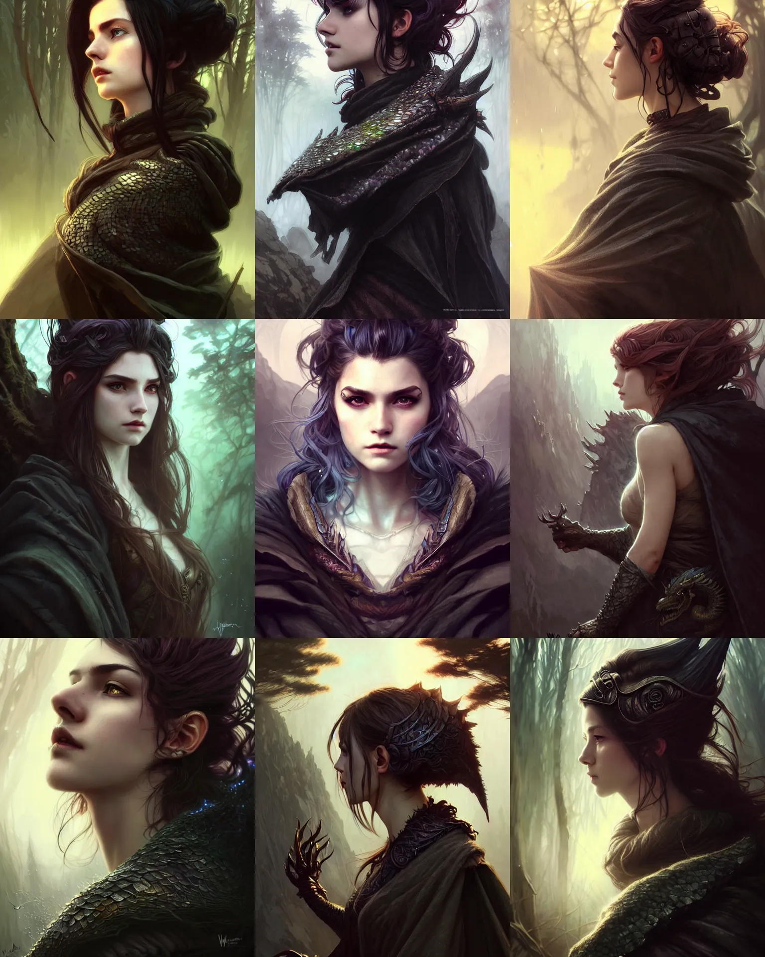 Prompt: cinematic side portrait rugged girl, adventurer outfit large cloak, fantasy forest landscape, dragon scales in hair, supervillain, fantasy magic, undercut hairstyle, dark light night, intricate, elegant, sharp focus, illustration, highly detailed, digital painting, concept art, matte, art by WLOP and Artgerm and Greg Rutkowski and Alphonse Mucha, masterpiece