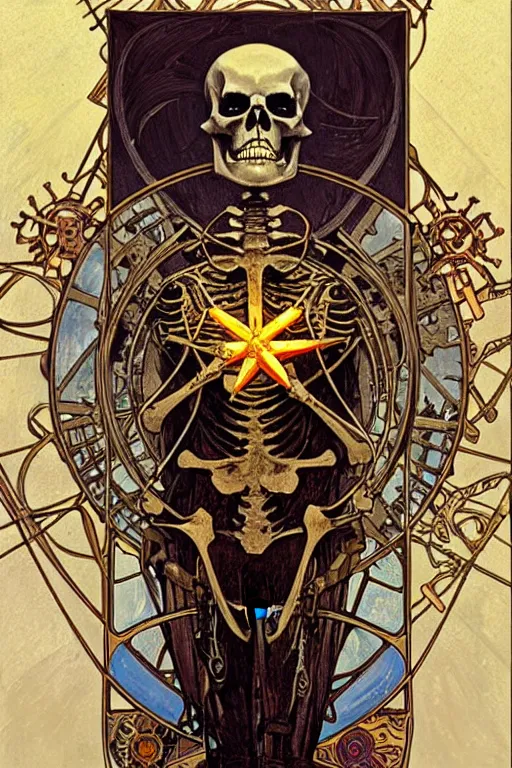 Image similar to a steampunk skeleton holding a star, tarot art, painting by greg rutkowski, alphonse mucha