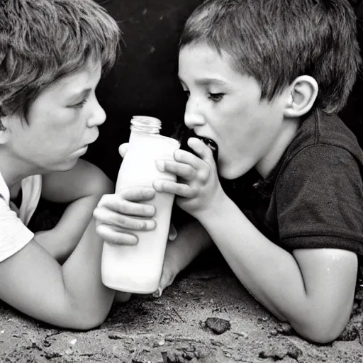 Prompt: photo of a couple of kids drinking milk directly from cow udder, realistic, award winning photo, national geographic