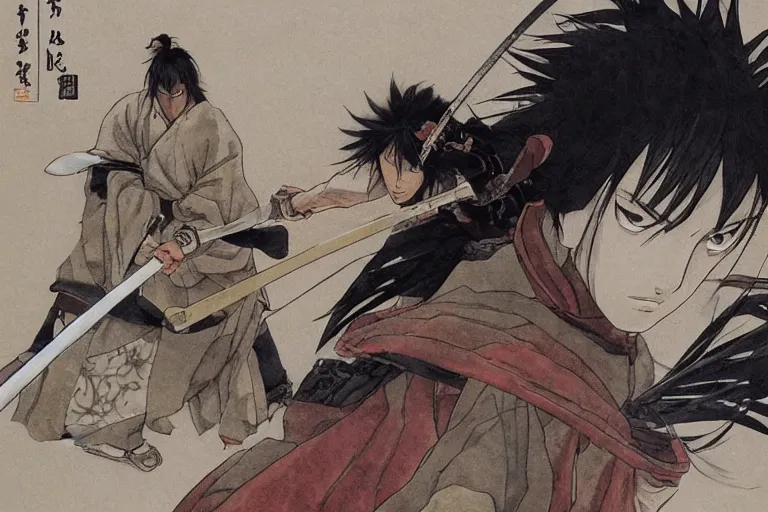 Image similar to epic and cinematographic samurai duel, by takehiko inoue and Hiroshi Hirata