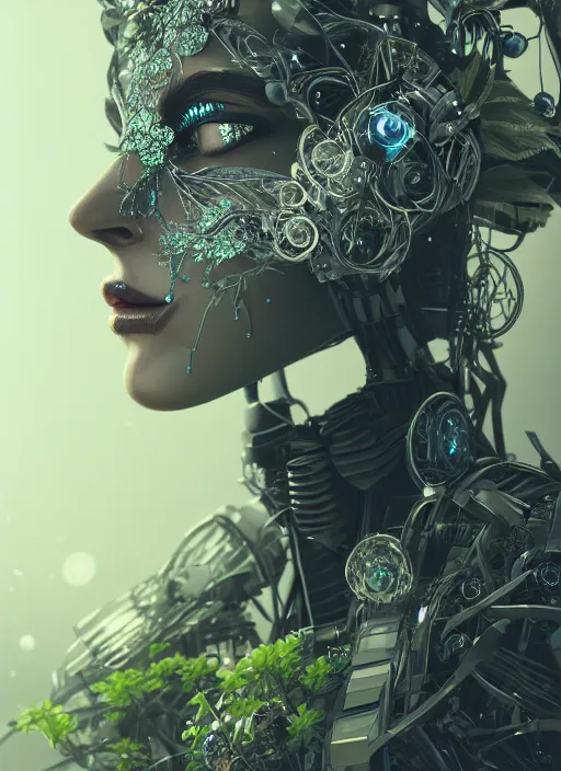 Image similar to beautiful female robot covered by plants and crystals in the mystical forest, beautiful symmetrical face, chrome parts, opal crystals, renaissance style, cyber punk, sci - fi, filigree jewellery, baroque, cinematic light, mystical shadows, 8 k, octane render