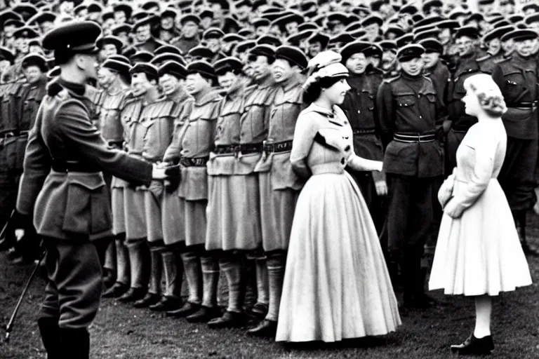 Image similar to ultra wide 1 9 4 6 historical far away photo of young queen elizabeth accepting the surrender of the german army, her corgis are nearby highly detailed