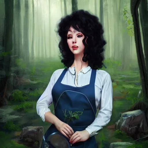 Image similar to a portrait of a 1 9 6 0 s woman with curly black hair and blue eyes, and an apron in the forest, dynamic lighting, fantasy concept art, trending on art station, stunning visuals, cinematic, ultra detailed