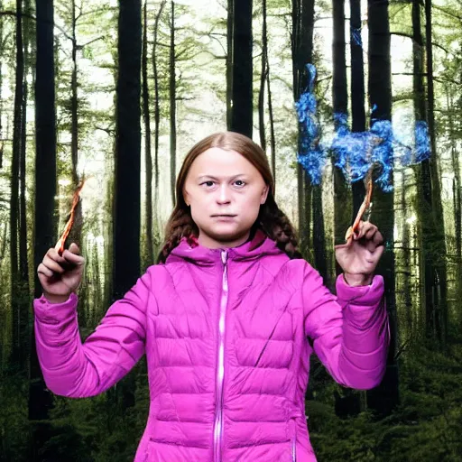 Prompt: Greta Thunberg lighting up a forest fire