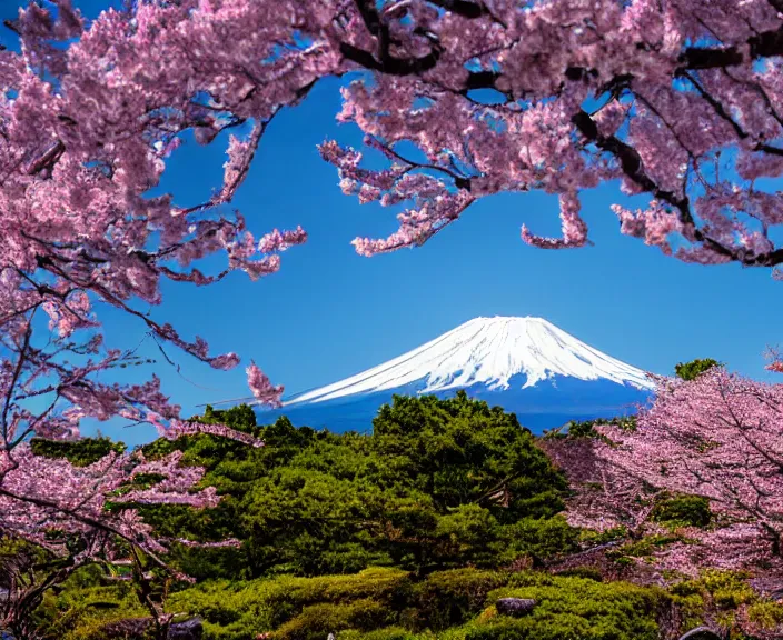 Image similar to 4 k hd, high detail photograph of mount fuji, spring, shot with sigma f / 4. 2, 2 5 0 mm sharp lens, wide shot, consistent, volumetric lighting, high level texture render