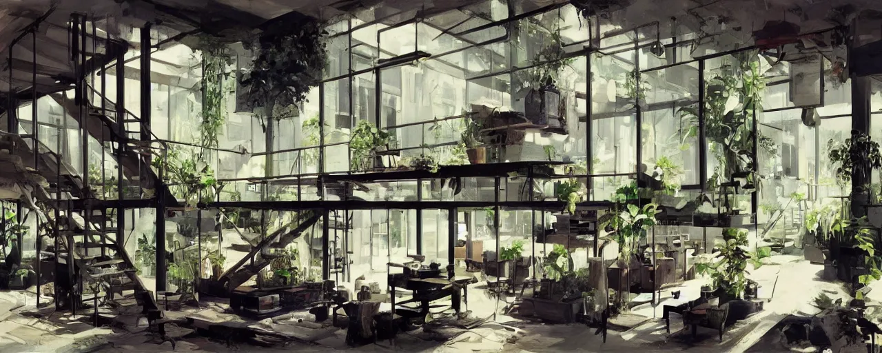 Prompt: interior of a loft, living room with split levels, mezzanine, plants and patio, 1970 furniture, bauhaus, concept art by theo prins