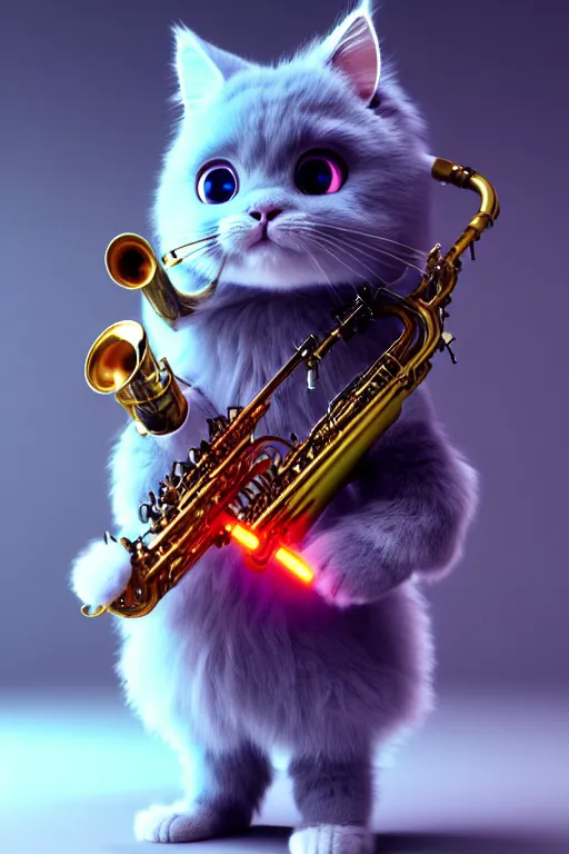 Prompt: high quality 3 d render very cute fluffy cyborg!! cat plays saxophone, cyberpunk highly detailed, unreal engine cinematic smooth, in the style of blade runner & detective pikachu, hannah yata charlie immer, moody light, low angle, uhd 8 k, sharp focus