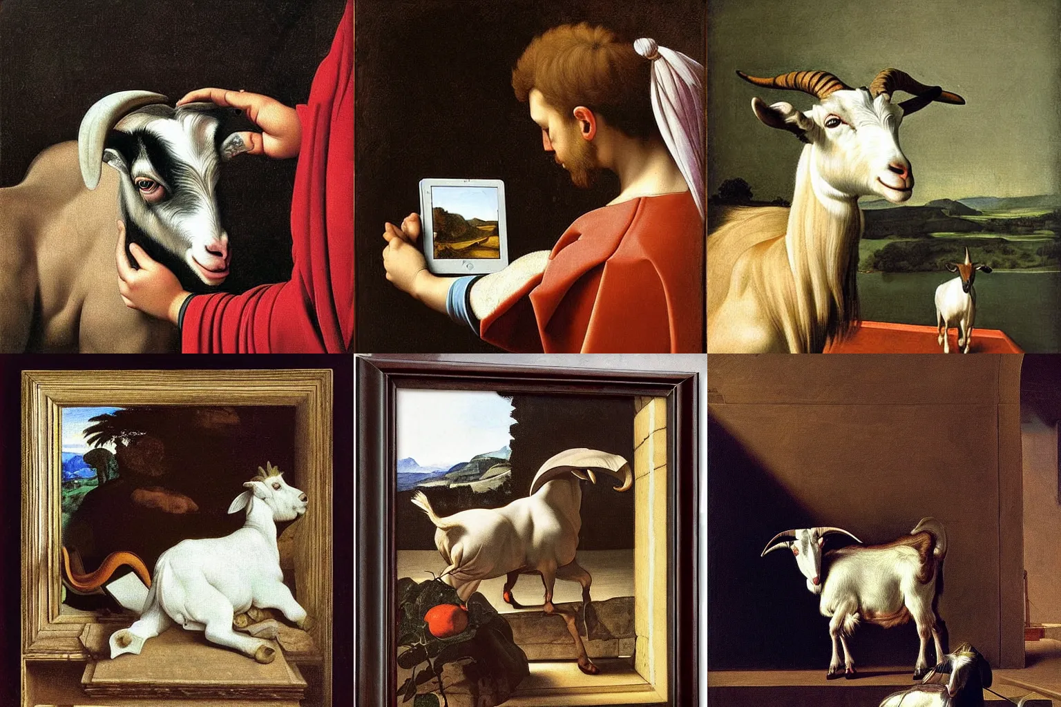 Image similar to A extremely highly detailed majestic hi-res beautiful, highly detailed painting of a goat taking a picture with an Ipad by Michelangelo Merisi da Caravaggio,