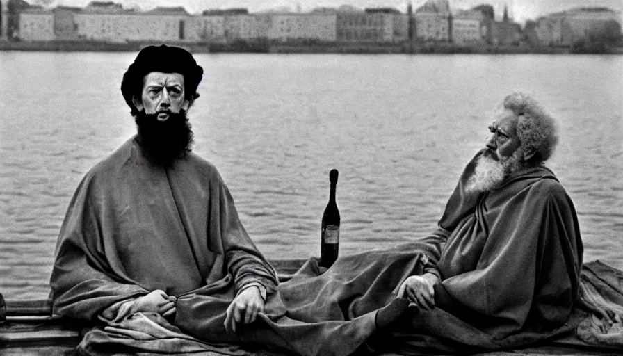 Prompt: 1 9 6 0 s movie still close - up portrait of marcus aurelius, skinny and ill on the bank of the danube with drapery, cinestill 8 0 0 t 3 5 mm b & w, high quality, heavy grain, high detail, cinematic composition, dramatic light, anamorphic, hyperrealistic, by josef sudek