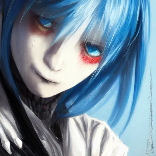 Image similar to full face shot of rimuru tempest, sky blue straight hair, long bangs, with amber eyes, wearing a fancy black jacket, high collar, ultra detailed, brush strokes, digital painting, cinematic, wlop artstation, closeup, pixiv, eerie, scary, intimidating glare, evil, yoshitaka amano, junji ito,