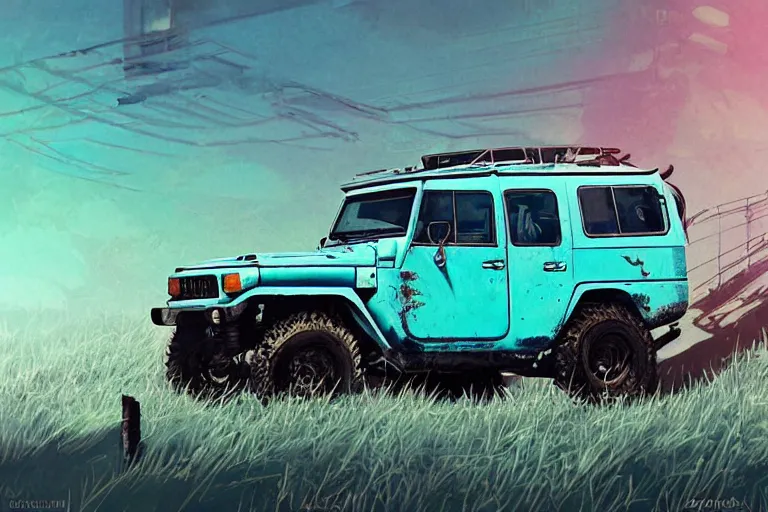 Image similar to digital illustration of a futuristic faded cyan mad max's fj 4 0 decrepit!!!! pursuit special, rusty!!! cyberpunk nissan fj cruiser heavily modded 1 9 9 0 s, the last v 8 interceptor by makoto shinkai, ilya kuvshinov, lois van baarle, rossdraws, basquiat