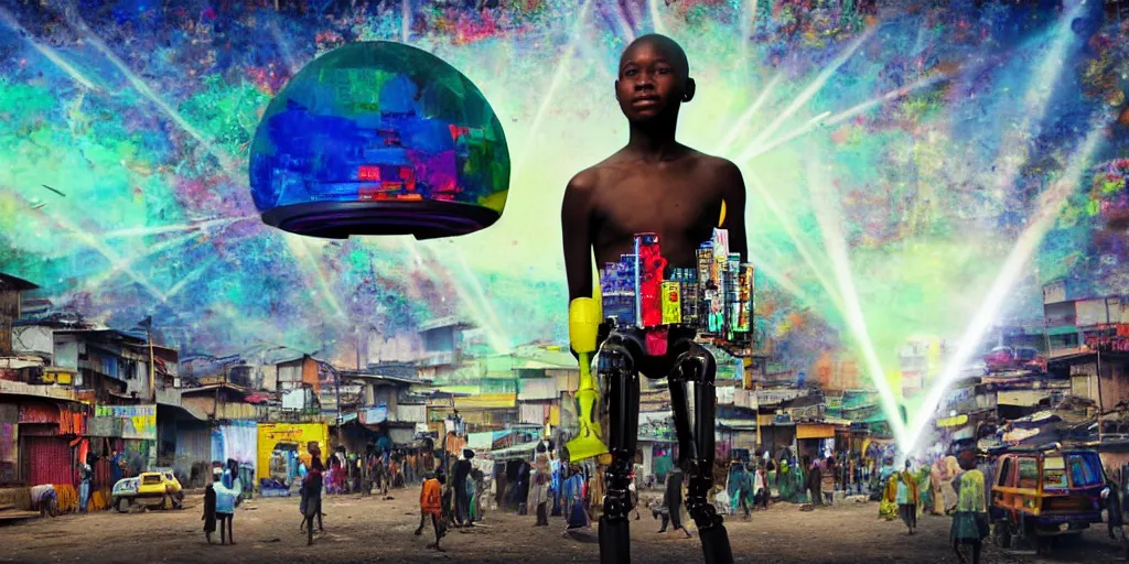 Image similar to robot of Ajegunle slums of Lagos inside African Jesus Christ about beauty surrounding a large UFO with neon ray of light, magazine collage,