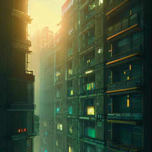 Image similar to One dilapidated building with only one window glowing. ArtStation, Cyberpunk, Vertical Symmetry, 8K, Highly Detailed, Intricate, Album Art.