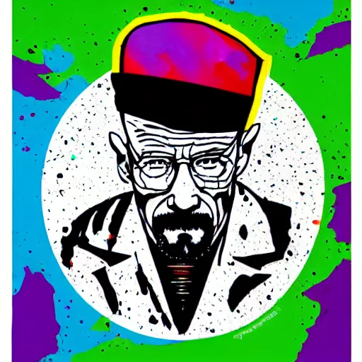 Image similar to die cut sticker, walter white wearing the joker outfit, splatter paint