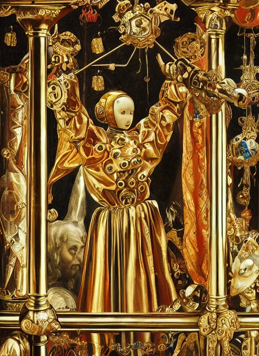 Prompt: a portrait of a shiny metallic renaissance robot, renaissance and baroque decorations, in the style of Jan van Eyck,