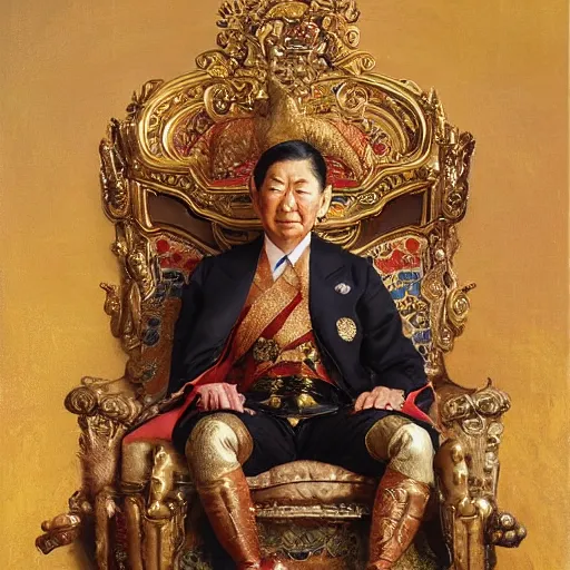 Image similar to portrait of the emperor of japan dressed as a chicken, sitting on his throne at his palace, highly detailed painting by gaston bussiere, craig mullins, j. c. leyendecker 8 k