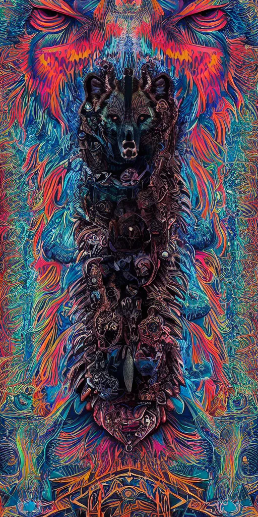 Image similar to A totem with an eagle an wolf a bear and a skull by beeple, coherent symmetrical intricate psychedelic ornate artwork, high detail, digital painting, hyper realism, octane render, 4k, trending on artstation