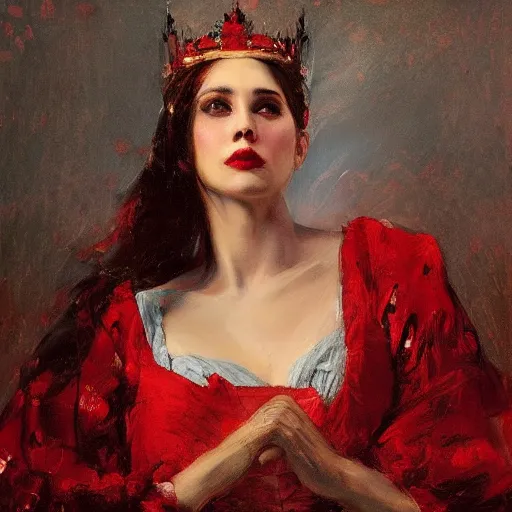 Image similar to solomon Joseph Solomon and Richard Schmid and Jeremy Lipking victorian genre painting portrait painting of a young beautiful woman queen of the sky in fantasy costume, red background