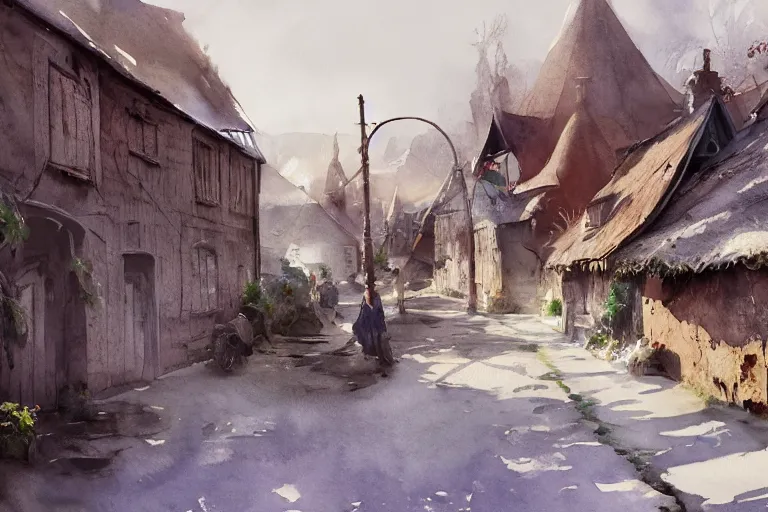Prompt: abstract watercolor painting of village street, bailey wall, medieval straw roof, scandinavian viking age, ambient lighting, art by hans dahl, by jesper ejsing, art by anders zorn, wonderful masterpiece by greg rutkowski, cinematic light, american romanticism by greg manchess, creation by tyler edlin