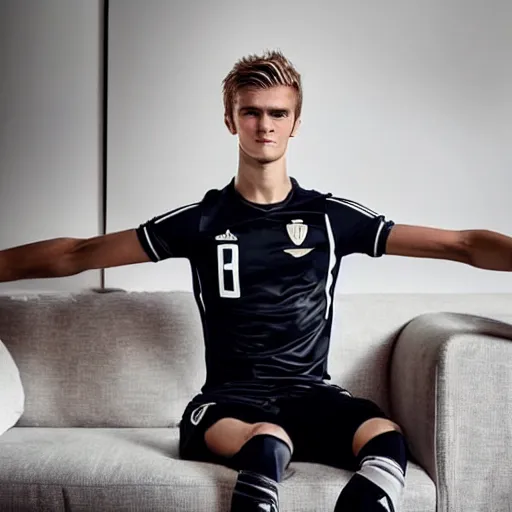 Image similar to a realistic detailed photo of a guy who is an attractive humanoid who is half robot and half humanoid, who is a male android, soccer player martin ødegaard, shiny skin, posing like a statue, blank stare, in a living room, on display, showing off his muscles