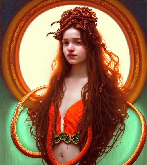 Image similar to portrait of teenage medusa, snake hair, naughty smile, wearing an embroidered orange tunic, intricate, sensual, sultry, elegant, copper and emerald jewelry, glowing lights, seductive, highly detailed, digital painting, artstation, concept art, smooth, sharp focus, illustration, art by wlop, mucha, artgerm, and greg rutkowski