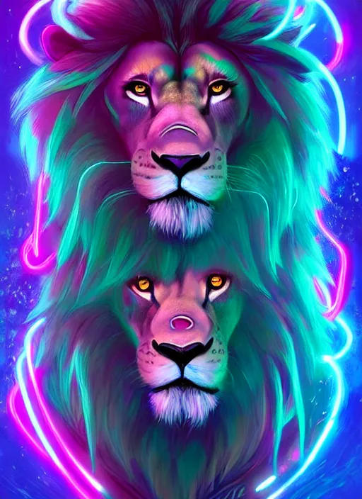 Image similar to award winning beautiful portrait commission of a male furry anthro lion swimming in a beautiful neon bioluminescent sea with beautiful attractive detailed furry face wearing swimmers. Character design by charlie bowater, ross tran, artgerm, and makoto shinkai, detailed, inked, western comic book art