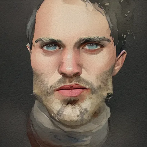 Image similar to Portrait of a handsome man with mutton chops, pale face, run down, sleepy, baggy eyes, watercolor, brushstrokes, high detail, artstation