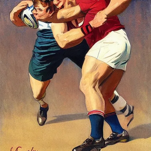 Image similar to 1920s a handsome blonde rugby player tackling a handsome brunette rugby player, rugby ball in the air, full color painting by J.C. Leyendecker