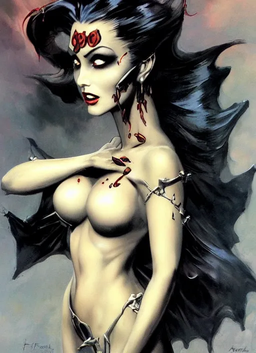 Prompt: portrait of a beautiful vampire lady, armor plating, painted by frank frazetta and artgerm