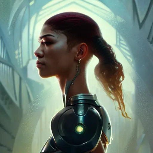 Image similar to cyborg zendaya profile picture by Greg Rutkowski, dynamic pose, intricate, futuristic, fantasy, elegant, by Stanley Artgerm Lau, greg rutkowski, thomas kindkade, alphonse mucha, loish, norman Rockwell,