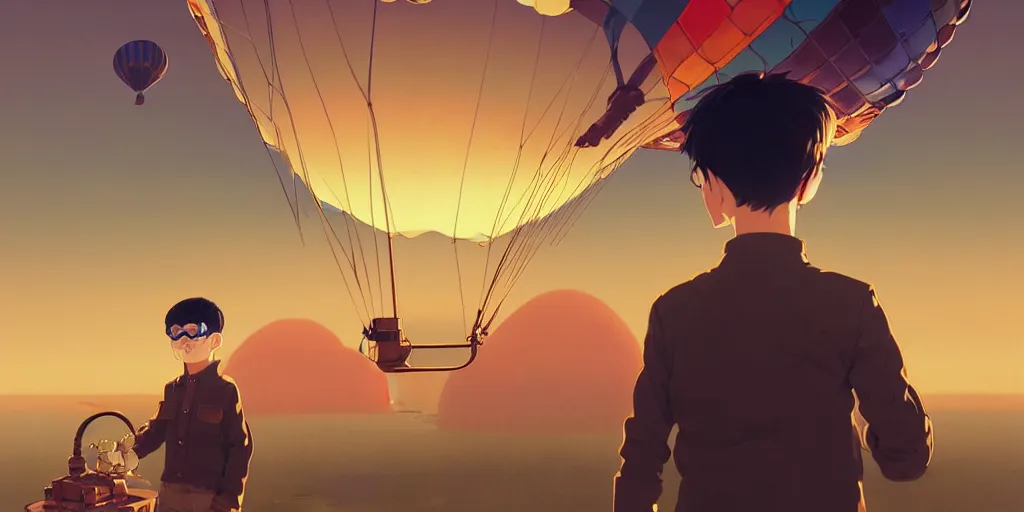 Image similar to 3 d portrait of a boy with an aviator helmet and goggles standing at the helm of a multidimensional steampunk hot air balloon by ilya kuvshinov, cloudy sky background lush landscape ln illustration concept art anime key visual trending pixiv by victo ngai fanbox by greg rutkowski makoto shinkai takashi takeuchi studio ghibli