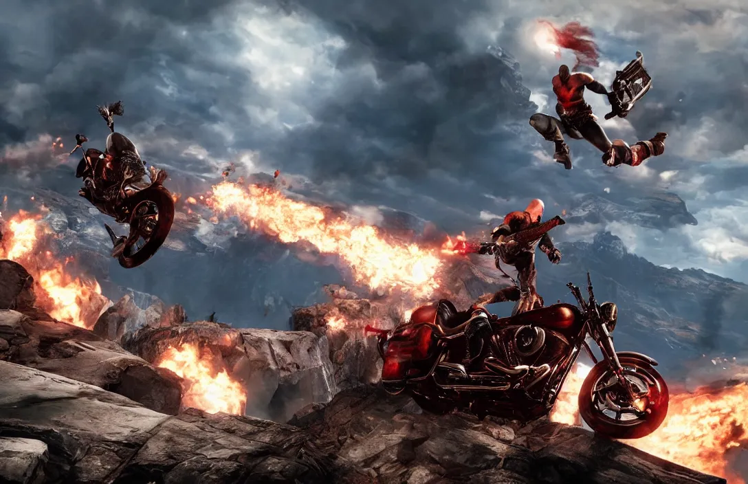 Image similar to kratos jumping a black harley - davidson motorcycle off a cliff, cinematic render, playstation studios official media, god of war 2 0 1 8, flames, centered