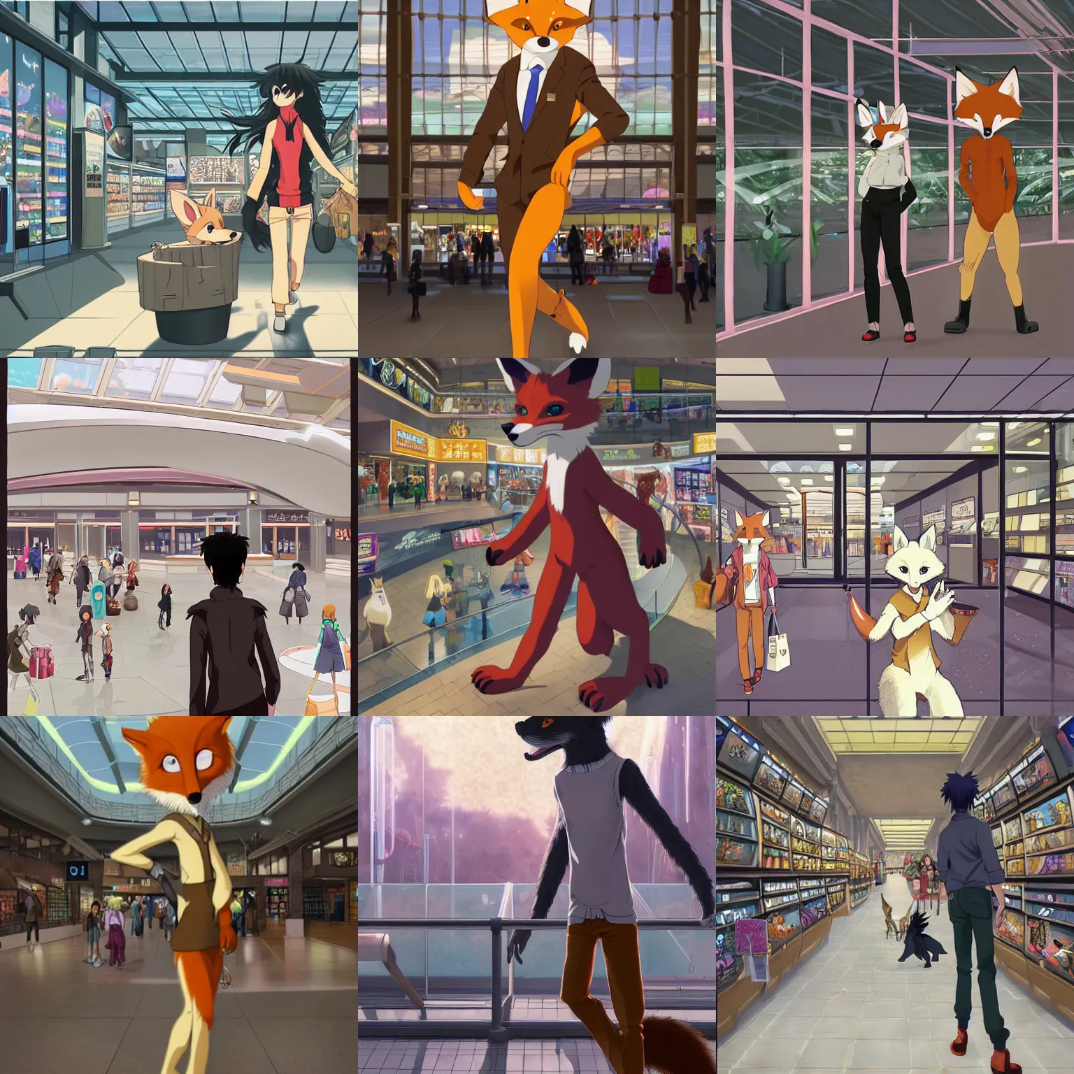 Prompt: anthro art commission of an anthropomorphic natural furry ( ( fox ) ) person shopping at a futuristic mall, photorealistic, key anime art, makoto shinkai, james gurney, don!!!! bluth!!!!, disney, hibbary, dark natasha, goldenwolf, furaffinity, fursona