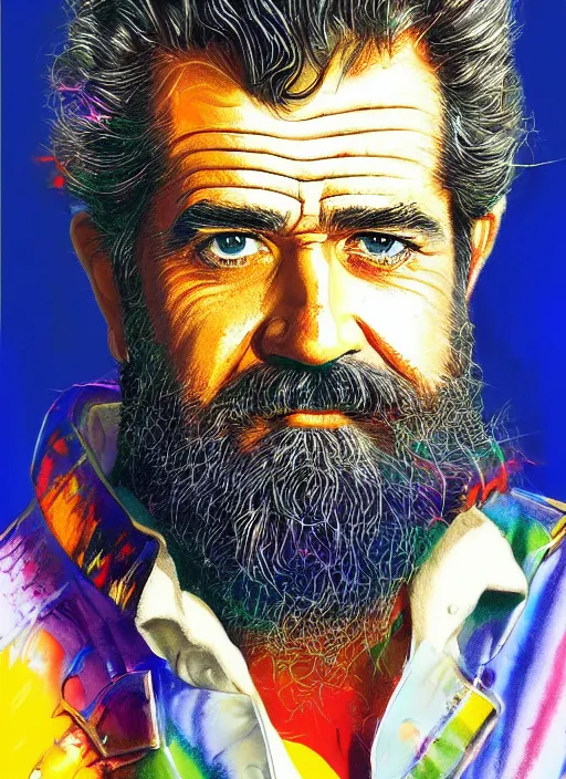 Prompt: a portrait of bearded mel gibson by josh kirby, lisa frank and andy warhol, intricate, elegant, highly detailed, digital painting, artstation, concept art, matte, sharp focus, illustration