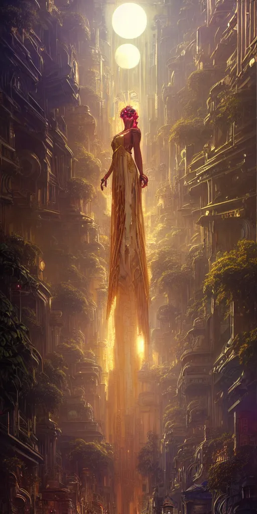 Image similar to golden ornate goddess looking at a hyper realistic cyberpunk city, busy crowded market street overtaken by lush plants, full moon, light rays, gnarly trees by tom bagshaw, mucha, gaston bussiere, craig mullins, j. c. leyendecker 8 k