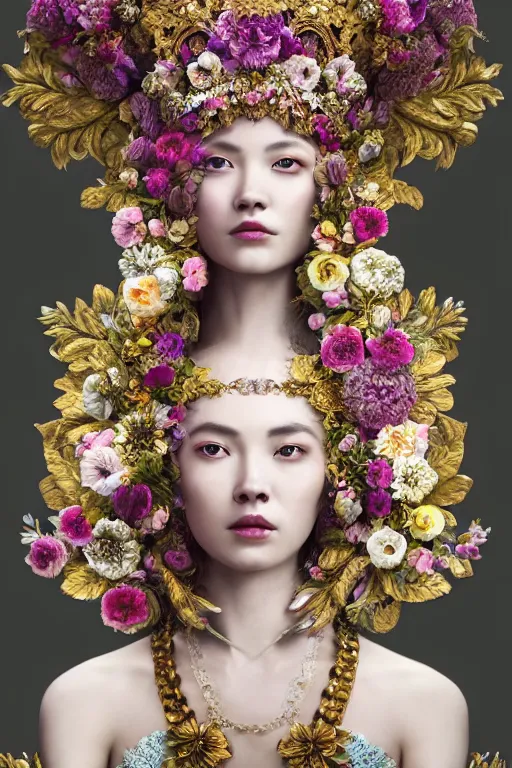 Image similar to a beautiful empress portrait, with a brilliant, impossible striking big flower headpiece, clothes entirely made out of flowers, symmetrical, dramatic studio lighting, rococo, baroque, jewels, asian, hyperrealism, closeup, D&D, fantasy, intricate, elegant, highly detailed, digital painting, artstation, octane render, 8k, concept art, matte, sharp focus, illustration, art by Artgerm and Greg Rutkowski and Alphonse Mucha